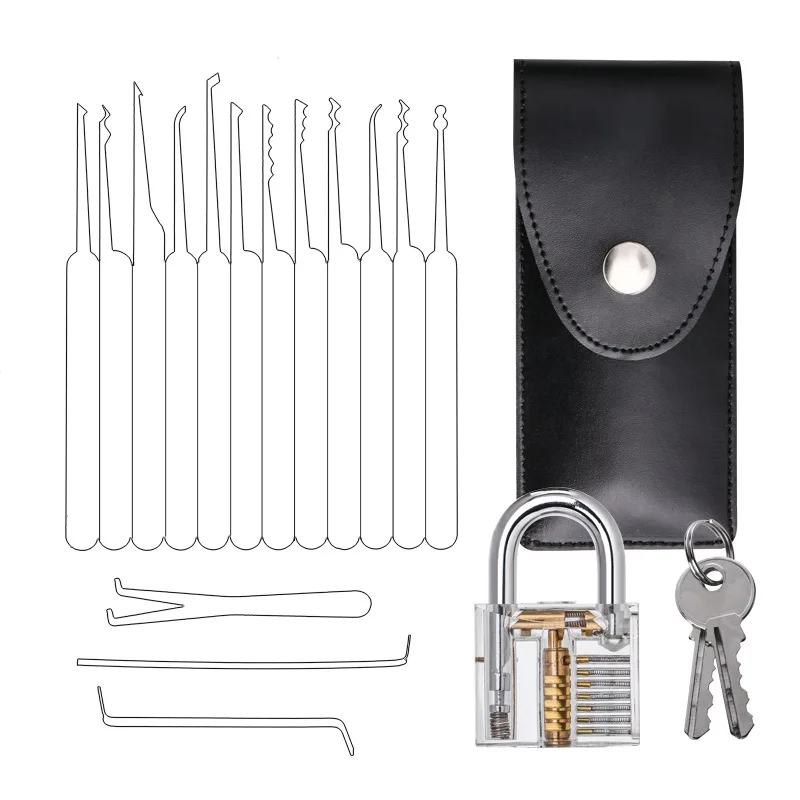 

Transparent Practice Padlock with 15pcs Unlocking Lock Picks Set Key Extractor Tools