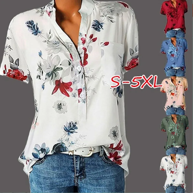 

Zmvkgsoa Womens Tops And Blouses Plus Size Short Sleeve Print V-neck Button Streetwear Pullover Tops Shirt Y11749