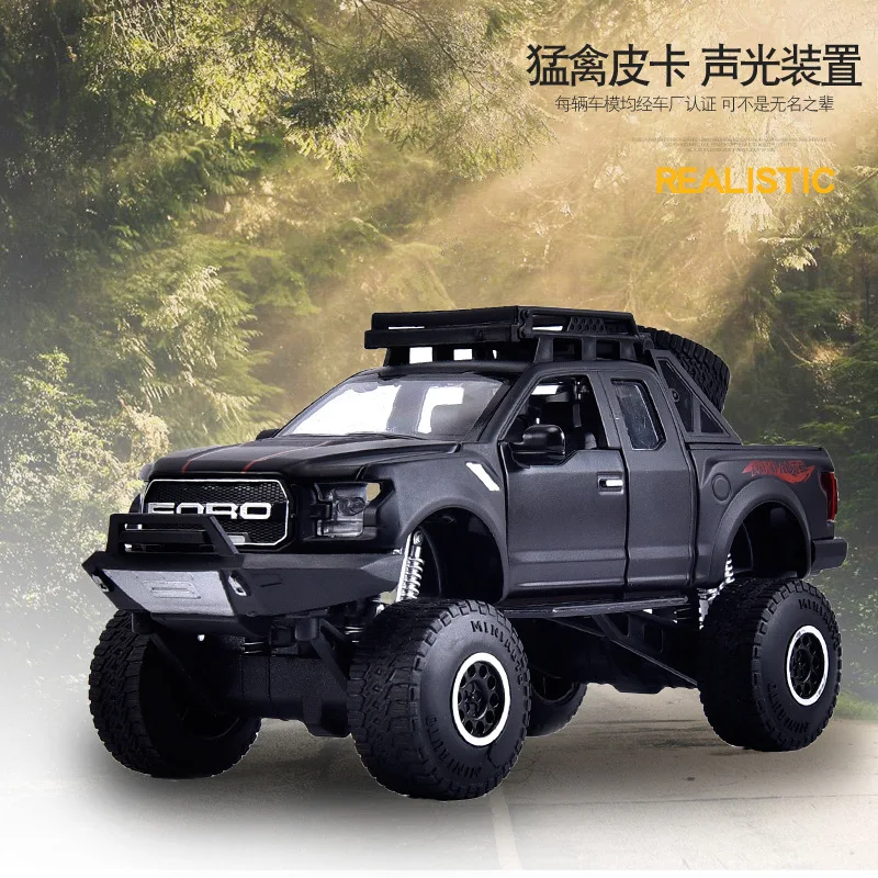 

Die-cast Metal Children Toys Car Model Vehicle jianyuan 1:32 for Ford Raptor big foot pick-up truck with sound light 32129 gld3