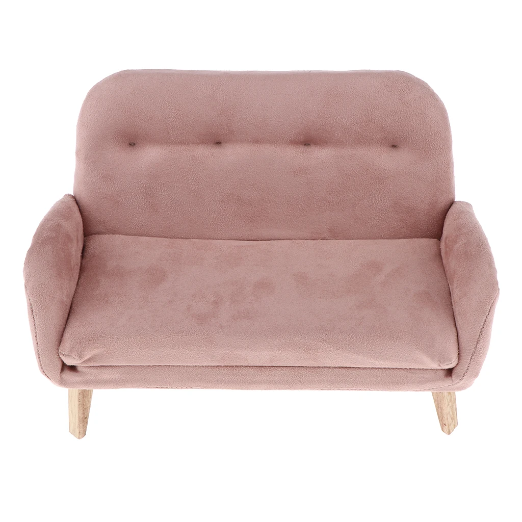 1:6 Dollhouse Miniature Furniture Wooden Flannelette Double Sofa Chair,  12inch Doll Couch Furniture