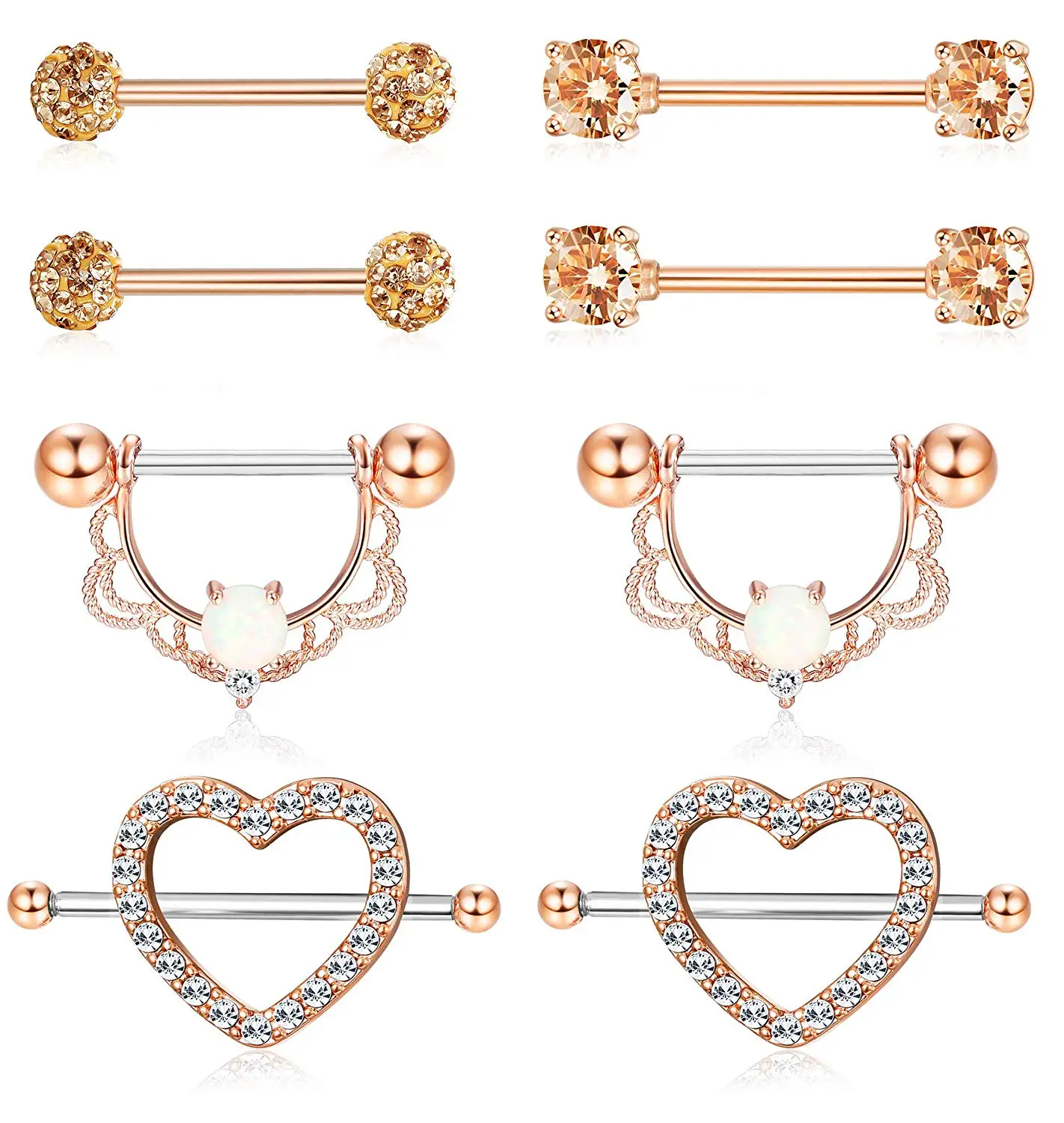 

4 Pairs 14G Stainless Steel Nipplerings Nipple Tongue Rings CZ Opal Barbell Body Piercing Jewelry