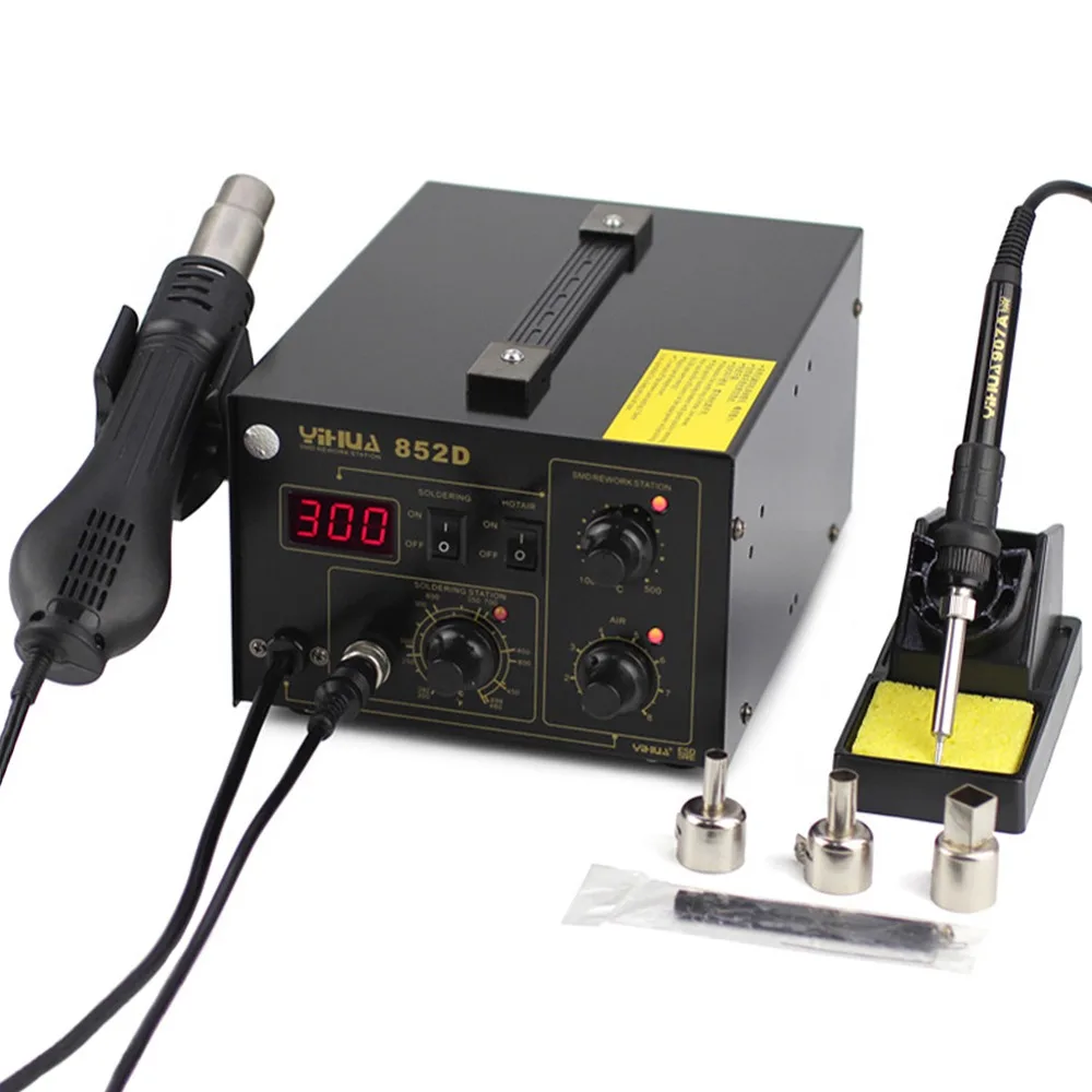 

2 in 1 Hot Air Gun 852D Rework Soldering Station Iron Thermoregulator LED Digital Desoldering Heat Gun 110V/220V Low Noise