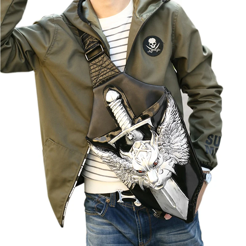 

New Design 3D Chest Bags Punk PU Leather Pack Men Shoulder Bags Personality Casual Crossbody Bag Messenger Bags