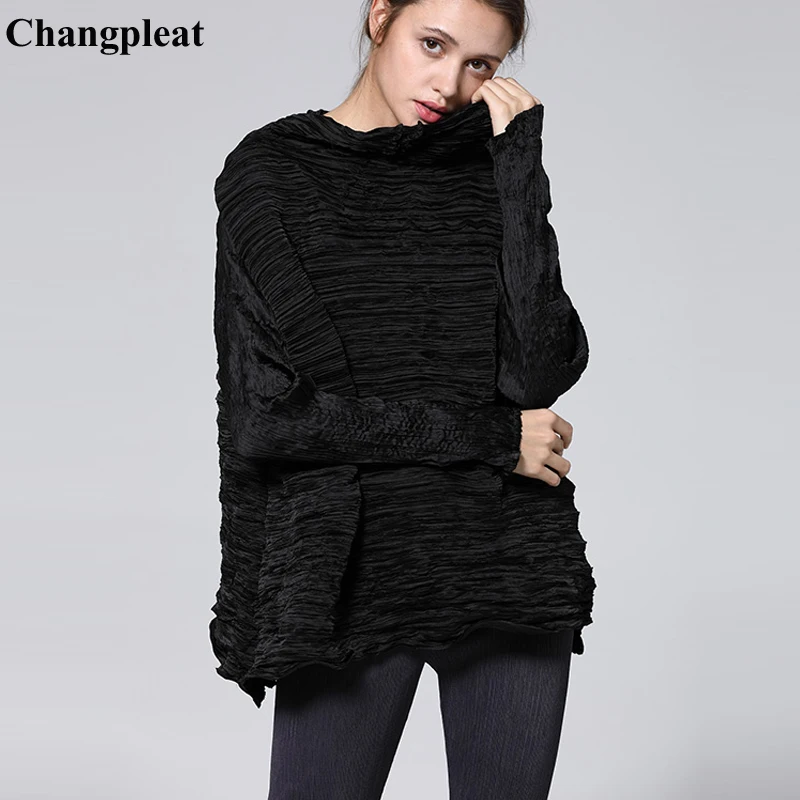 

Changpleat 2019 Spring new Women T-shirt Miyak Pleated Fashion Design Pockets long sleeve Stand Collar Female T-shirt Tops Tide