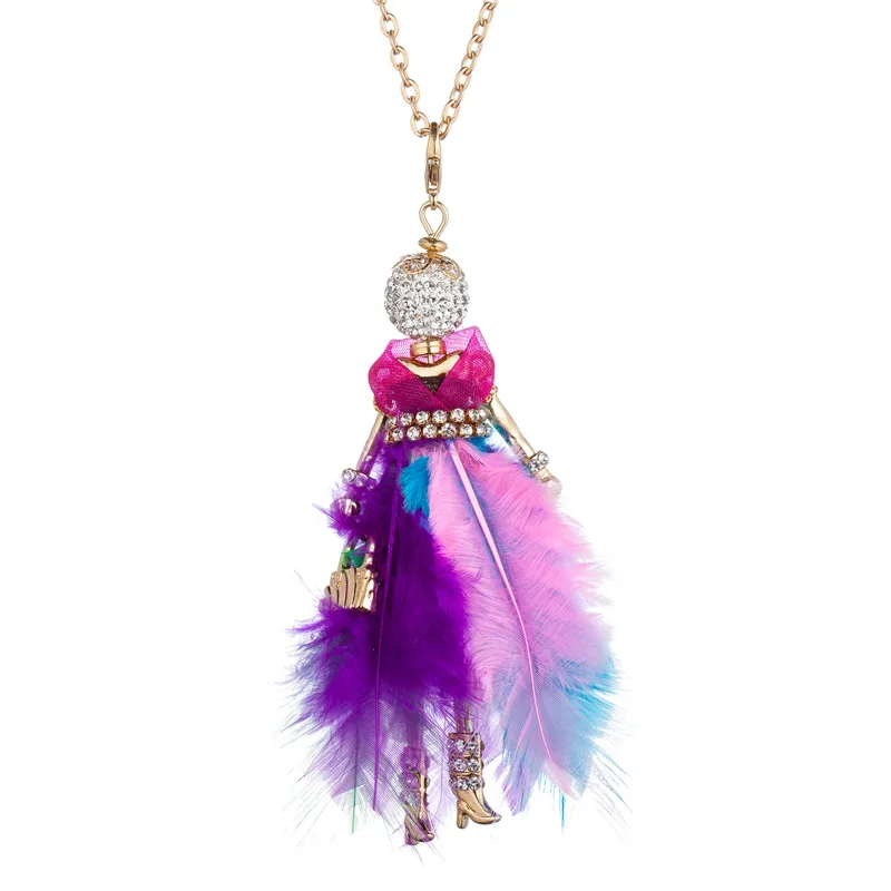 

Multicolored Rhinestone Feather Long Dress Doll Pendant Necklaces Handmade French Paris Girl Collares For Women Jewelry Bijoux