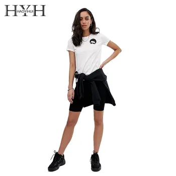 

HYH Haoyihui 2019 Western Style Simple Fashion Personality Printing Slim Fit Slim Short Sleeve Conventional Summer Women T-shirt