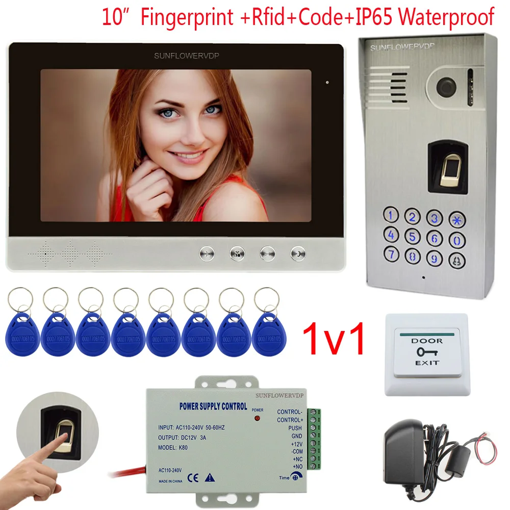 

IP65 Waterproof Videophone For Home Fingerprint Rfid Keypad Door Phone 10 Inches Color Monitor Intercom System Video Door Bell