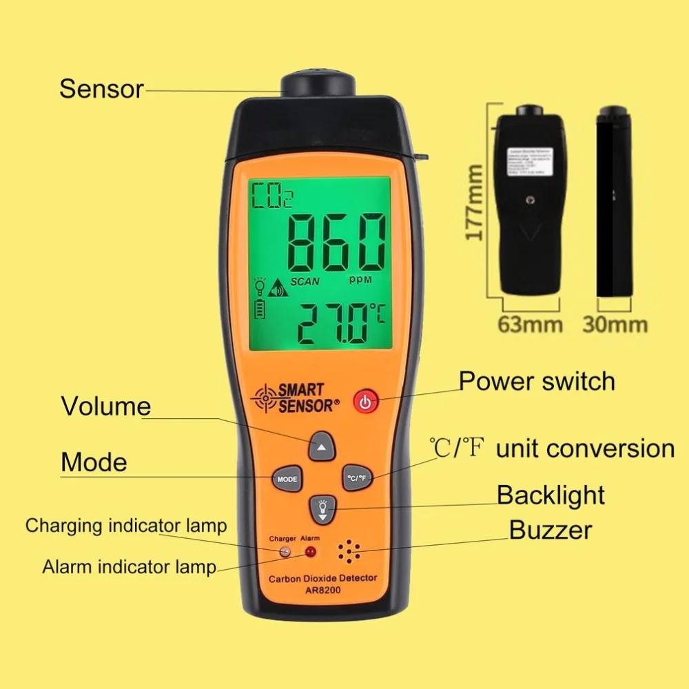  Smart Sensor AR8200 CO2 Carbon Dioxide Air Quality Monitor Analyzer Temp Temperature Thermometer Te - 32968933524