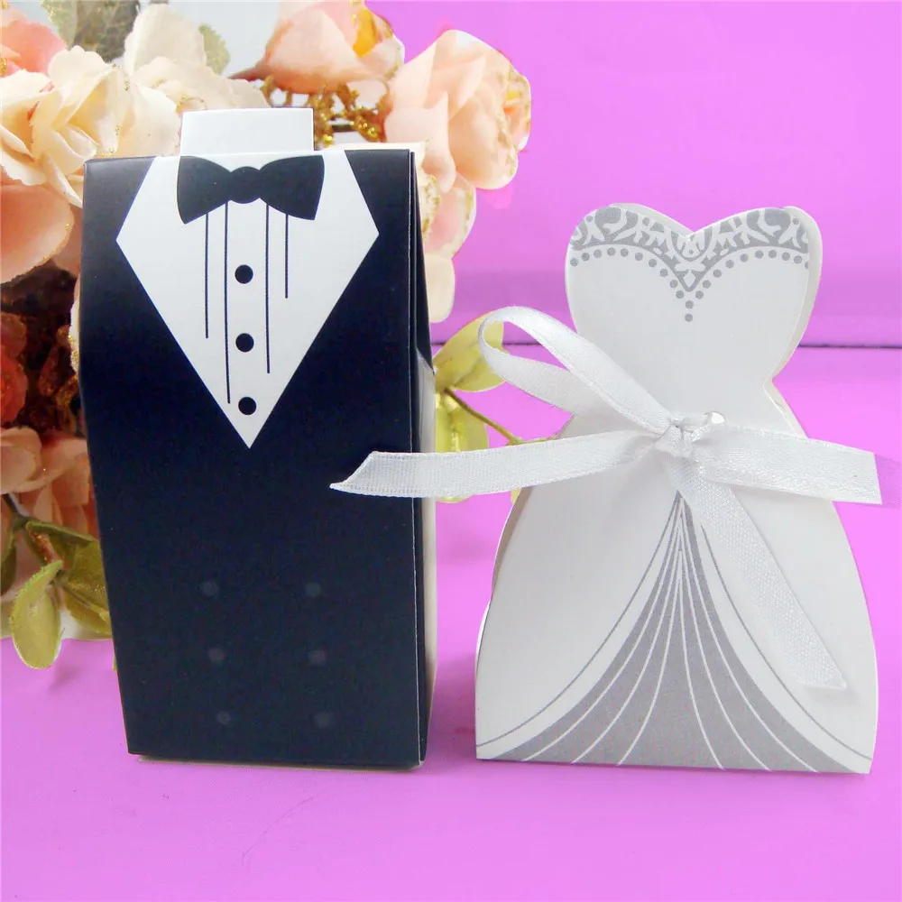 

100pcs Creative Bride Groom Paper Candy Box with Ribbon Dresses Suit Bonbonniere Ferrero Gift Box DIY Decor Wedding Party Favor
