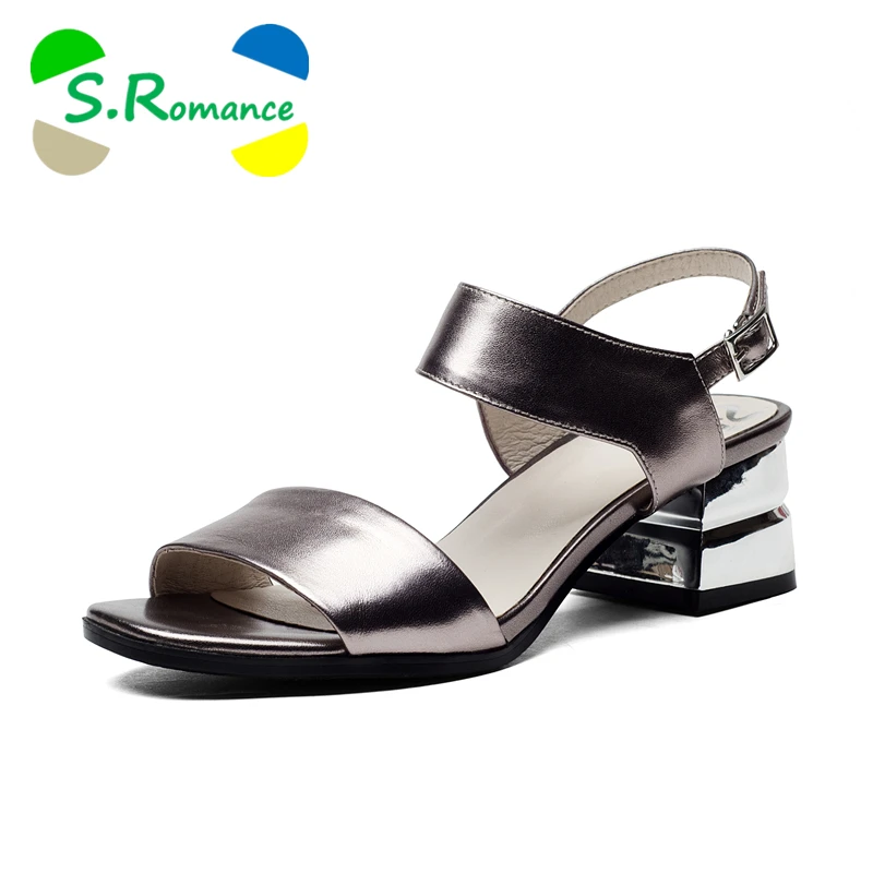 

S.Romance Women Sandals Genuine Leather Plus Size 34-41 Fashion Med Heel New Arrival Office Lady Pumps Woman Shoes White SS001