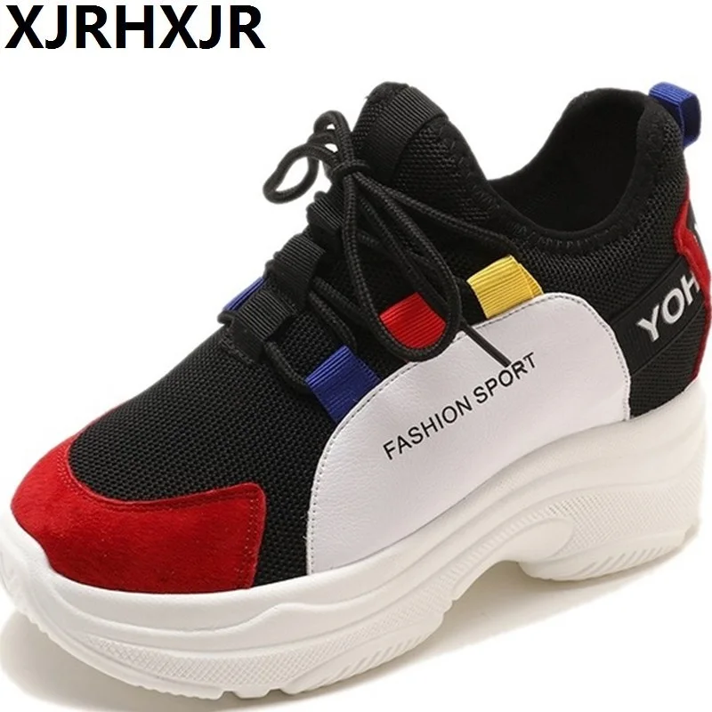 

XJRHXJR 10cm Wedge Sneakers Woman Breathable Autumn 2018 New Female Platform Casual Shoes Ulzzang Sneakers Platform Black Beige