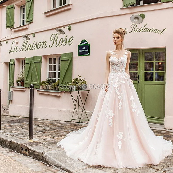 

Light Pink Appliques Tulle Wedding Dresses 2019 A Line Wedding Gowns Sleeveless Open Back Custom Made Vestido De Noiva