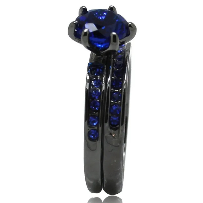 Fashion 10KT Black Gold Ring Finger for women Wedding Bride Jewelry Classic Six Claw 1ct Blue Sapphire Rings sets 2-in-1