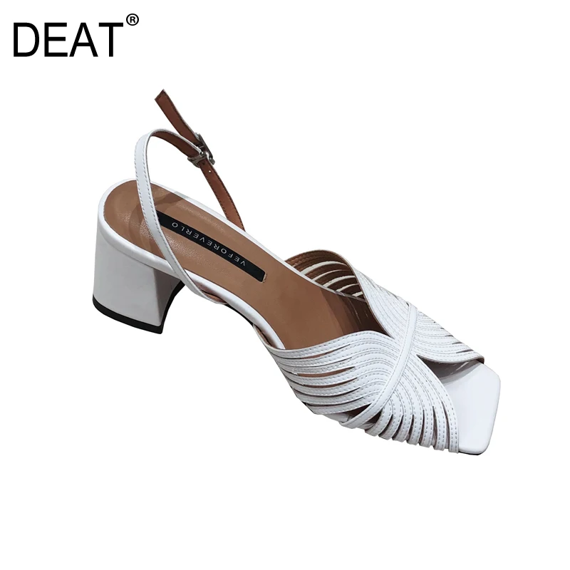 

[DEAT] 2019 New Spring Summer Square Toe Shallow Pu Leather Buckle Strap Simple High Heels Sandals Women Fashion Tide 10A786
