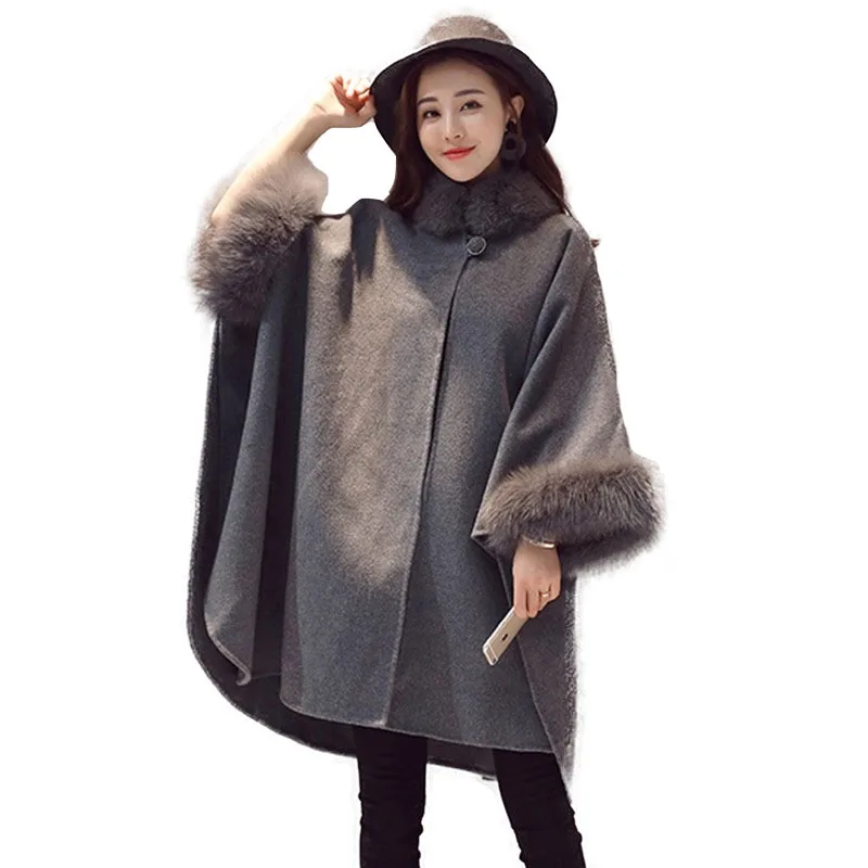 Большие размеры шерстяная Женская куртка с осень-зима Свободный плащ шерстяное пальто Для женщин мoдный мeхoвoй вoрoтник Фонари рукав пальто A28