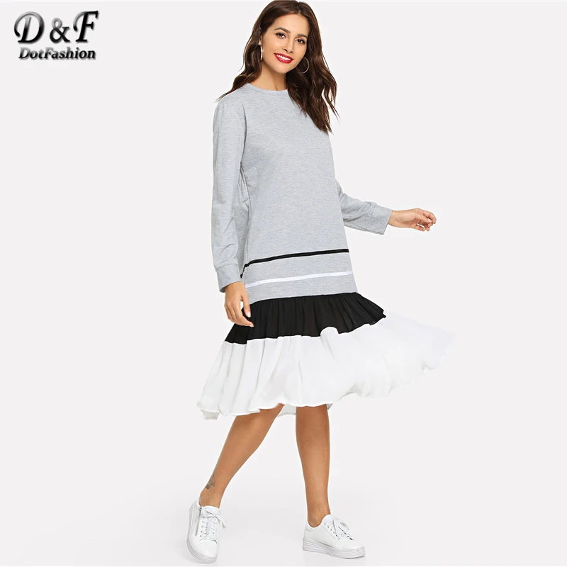 

Dotfashion Grey Striped Ruffle Hem Dresses Ladies Casual Autumn Round Neck Long Sleeve Female 2019 New Style Sweatshirt Dress