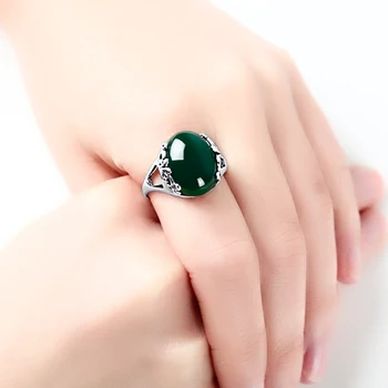 

high quality Female 925 sterling silver Natural semi-precious stones Green chalcedony jewelry girls retro fashion hollow rings