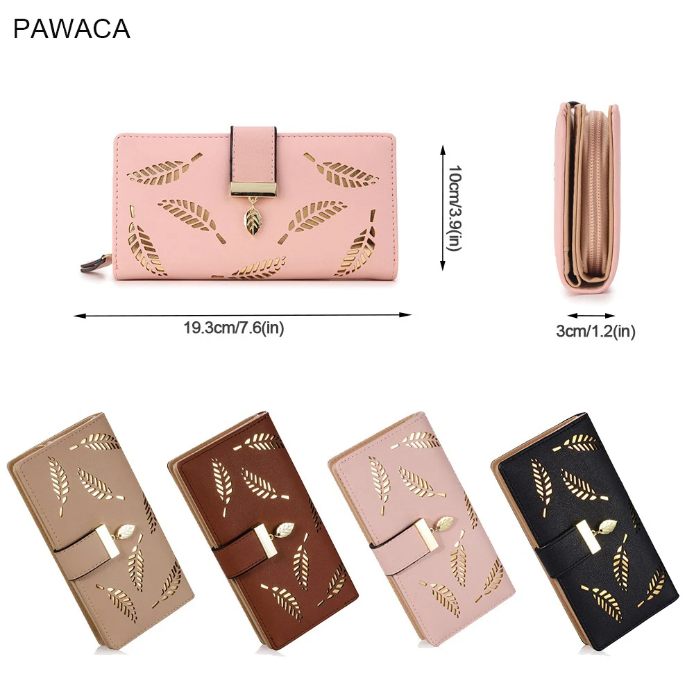 Pawaca 2019 женский кошелек женский длинный Засов кошелек золотой полый портмоне с узором из листьев сумка для женщин Кошелек для монет