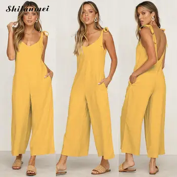 

2018 Women Jumpsuit Romper Sleeveless V Neck Casual Playsuit Adjustable Overalls Ladies Wide Leg Loose Yellow Black Playsuit