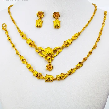 

3 Pcs of Set Golden Flower Design Gold Filled Womens Necklace+Bracelet+Earrings Set