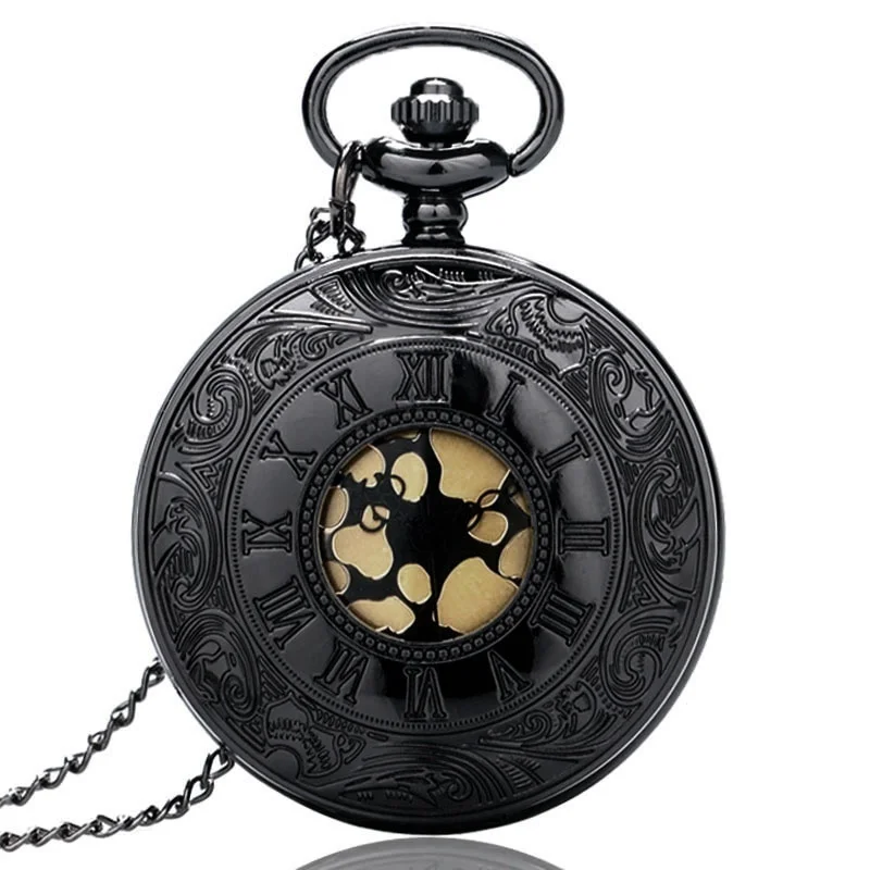 Classical Vintage Black Roman Number Pocket Watch Stainless Steel Case Design Gold Dial Quartz Necklace Watches Gifts New | Наручные часы