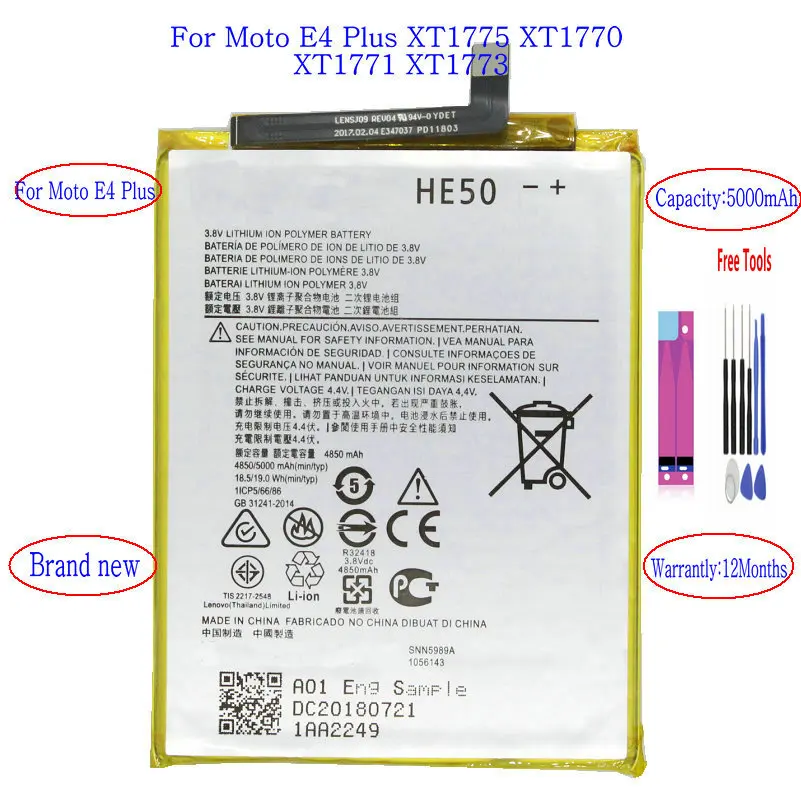 

1x 5000mAh HE50 Battery For Motorola Moto E4 Plus XT1773 XT1775 XT1770 XT1771 XT1774 XT1776 + Tools kit + adhesive stcker