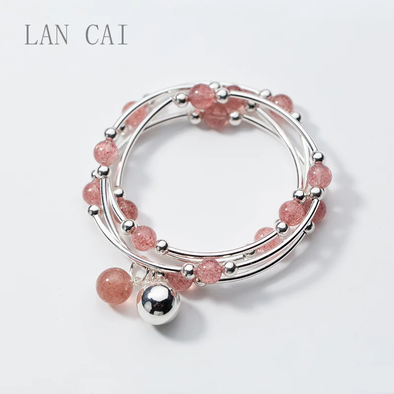 

Simple Style DIY Multi Circles Pink Strawberry Quartz Beads Bracelet Female 925 Sterling Silver Natural Stones Handmade Bracelet