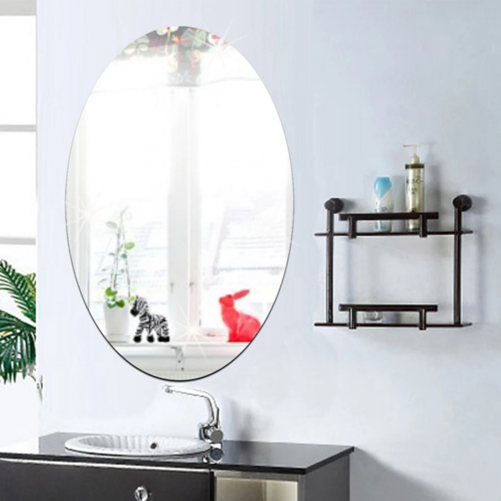 New Square Oval Mirror Wall Sticker Kitchen Wall Mirror Tiles Silver