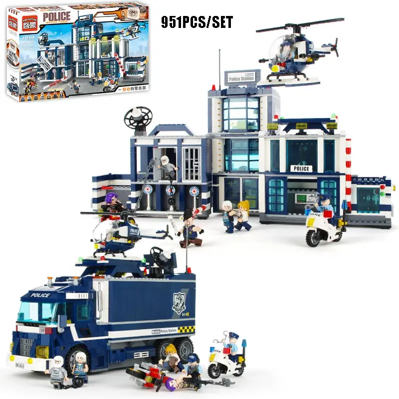 

951PCS Large Size Police Station Police Department Motorcycle Helicopter Model Building Blocks Policeman Thief Bricks Kids Toys