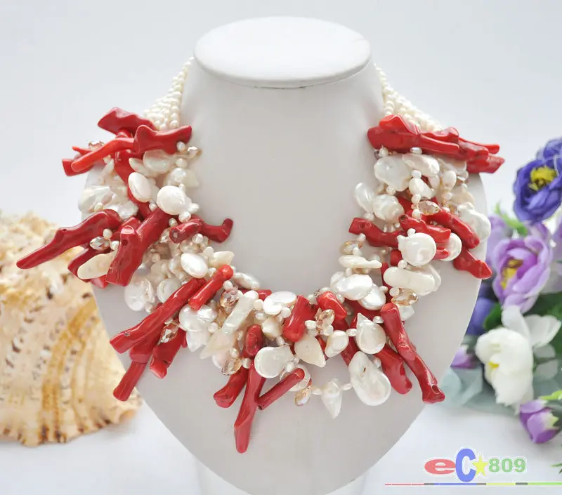 

Women's 19" WHITE BAROQUE FRESHWATER PEARL RED CORAL branch NECKLACE