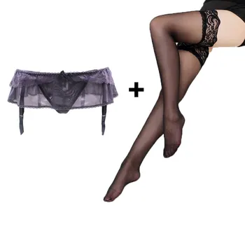 

Sexy Garters Purple Grey Lace Gauze Sexy Metal Clips/Buckles Garter Belt with Thong Black stockings set for women/female/lady