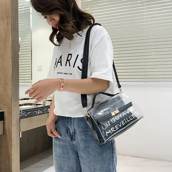 

Women fashion Transparent female bag 2018 new small fresh super fire letter handbag jelly female bag shoulder Messenger bag
