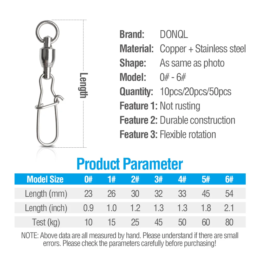 DONQL 10/20/50 шт рыболовные Вертлюги разъем карабин 0#6# сильный шариковый подшипник Вращающийся шарнир ссылка рыболовные принадлежности