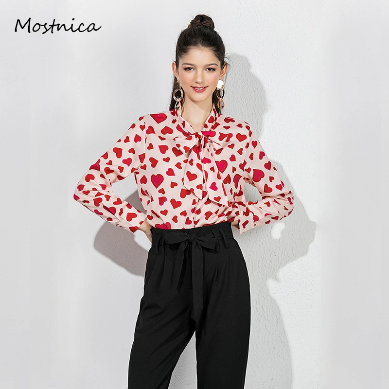 

Mostnica OL Chiffon Lady Blouses for Summer Heart Printed Long Sleeves Formal Blouse with Tie Elegant Streetwear Chemises Tops