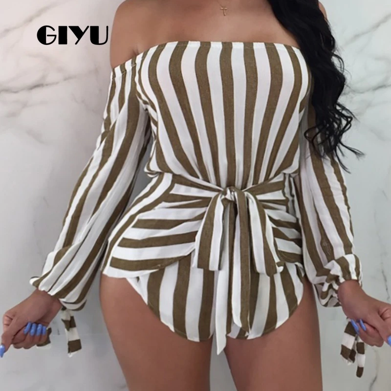 

GIYU Summer Striped Printing Bodysuits Women Patchwork Skinny Slash Neck Overalls Sexy Backless Tie Up Romper
