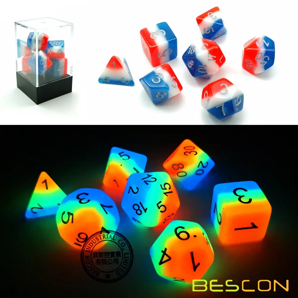 Bescon Glowing Polyhedral Dice 7pcs Set FRENCH KISS, Luminous RPG Dice Glow in Dark, DND Role Playing Game Dice 3