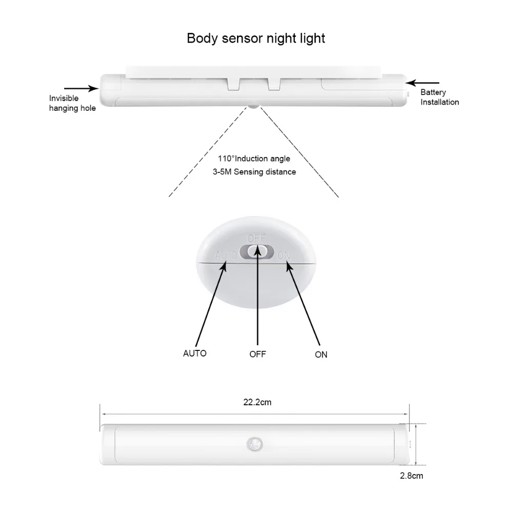 PIR датчик движения настенный светильник авто вкл/выкл шкаф кухонный светодиодный шкаф свет со съемные крючки с питанием от аккумуляторной батареи AAA ночник