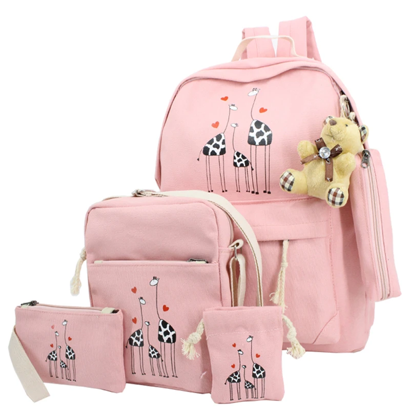 Canvas Printing Giraffe Bag 2017 Fashion 5 Piece Set Backpack Women School Bags For Teenage Girls
