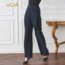 VOA 2017 Autumn Winter Navy Blue Loose Plus Size Flare Pants Brief Solid Mid Waist Casual Heavy Silk Women Long Trouser KLA01701