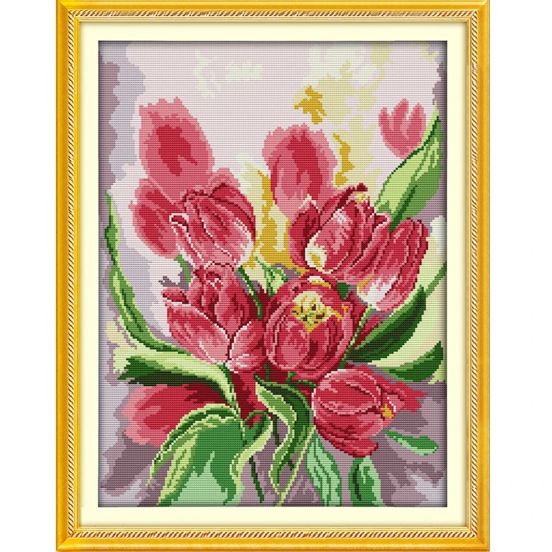 Joy sunday Pink Tulip Stamped Cross stitch kits DMC Needlework