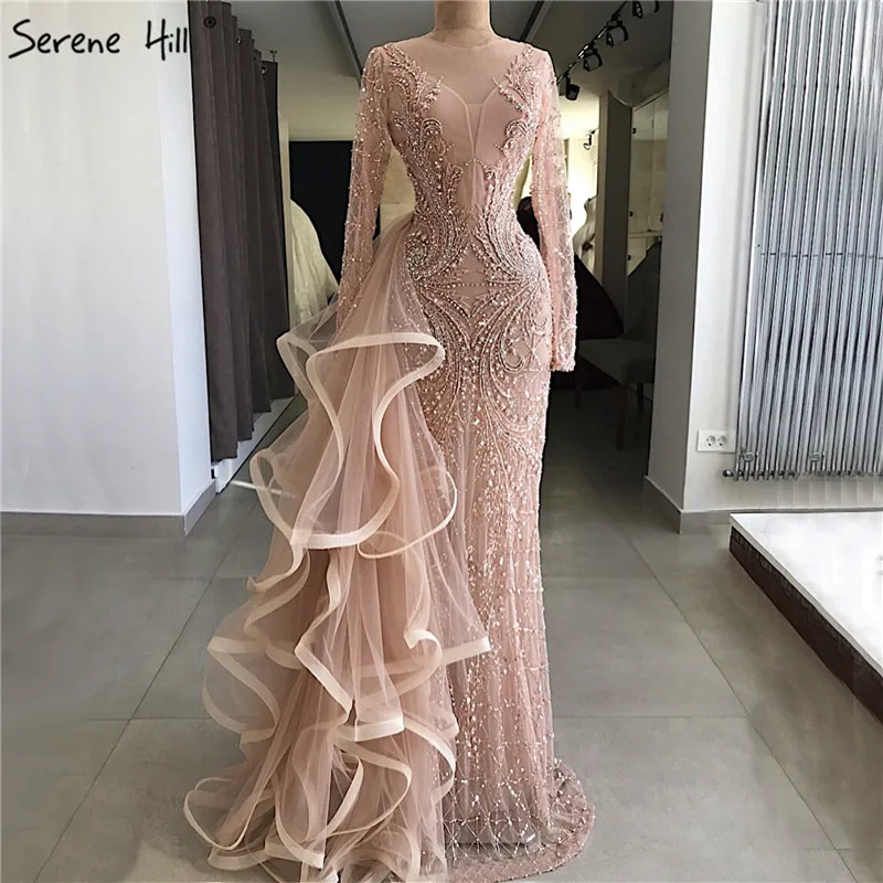 

2019 New Design Peach Ruffles Mermaid Evening Dresses Sexy See Through Long Sleeve Crystal Formal Gown Vestido De Festa BLA6645