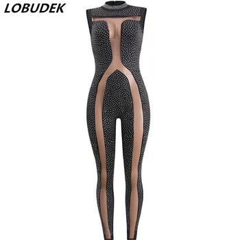 

Summer Women Sleeveless Skinny Jumpsuit Sexy Perspective Crystals Rompers Nightclub Singer Host Costume Bar Party DJ Stage Wear