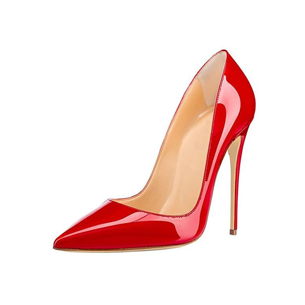 GENSHUO Women Pumps Red Lacquer Patent Leather High Heels Shoes for Wedding Party Sexy Stiletto Heels Pointed Toe 10 12cm