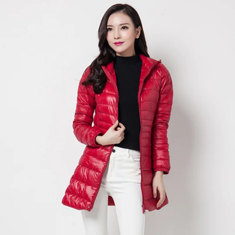 

Women's Medium-long Coats Warm Duck Down Ultra-thin Light Style 2019 Spring Autumn Female Slim Hooded Jackets Plus Size 6XL 7XL