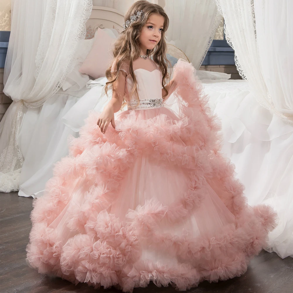 Aibaowedding Fancy Puffy Pink Pageant Dresses for Girls Long Kids Ball