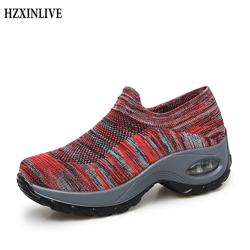 

HZXINLIVE 2019 Summer Women Sneakers Shoes Flat Slip on Platform Sneakers for Women Black Breathable Mesh Sock Sneakers Shoes