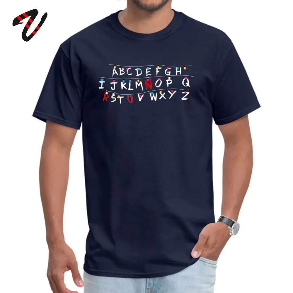 Stranger things RUN lights Round Collar Tshirts Labor Day T Shirt Short Sleeve Funny Cotton Fabric Printed T Shirt Unique Men Stranger things RUN lights -19900 navy