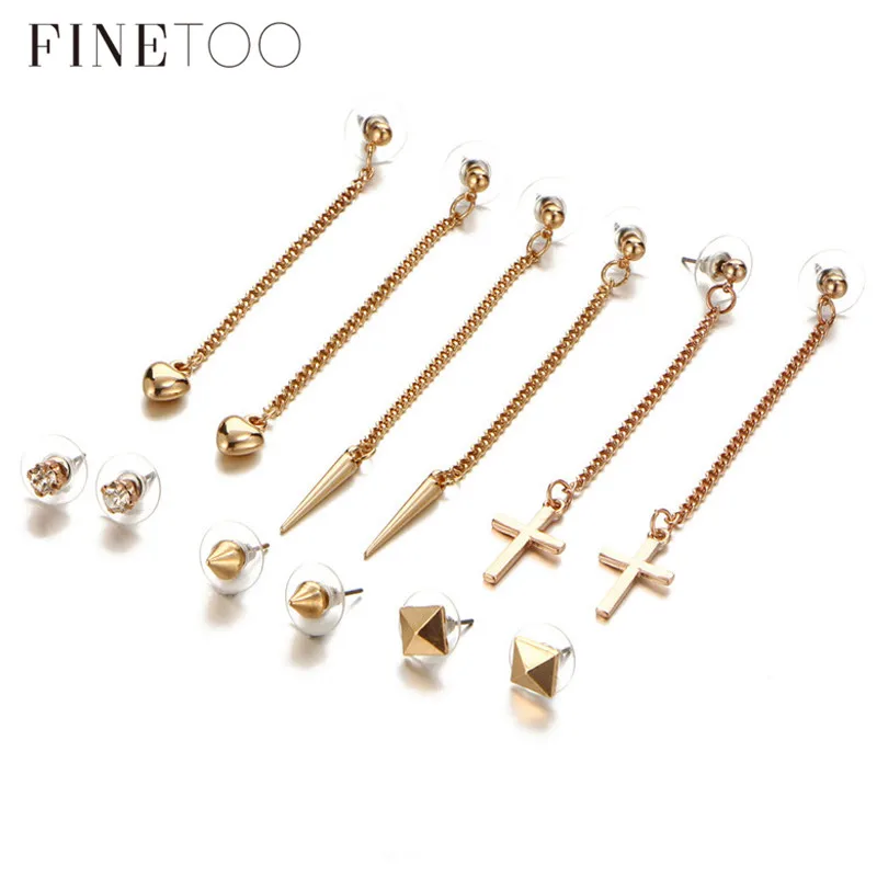 

Gothic Punk Cone Spike Geometric Small Earrings Set Mixed Gold Color Heart Cross Long Earrings for Women Girls Drop Earrings