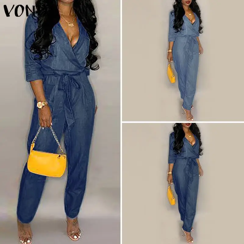 

VONDA Denim Wash Overall For Summer Lady Women Fashion Cool Street Blue Women V Neck Loose Jeans Jumpsuit Long Pants Rompers 5XL