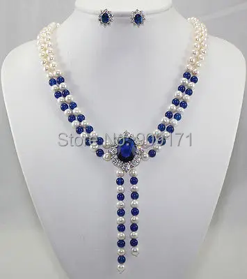 

Free Shipping>>>>>2 color white pearl blue red stone necklace crystal pendant earring set